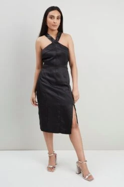 Wallis Petite Sequin Halter Neck Satin Dress