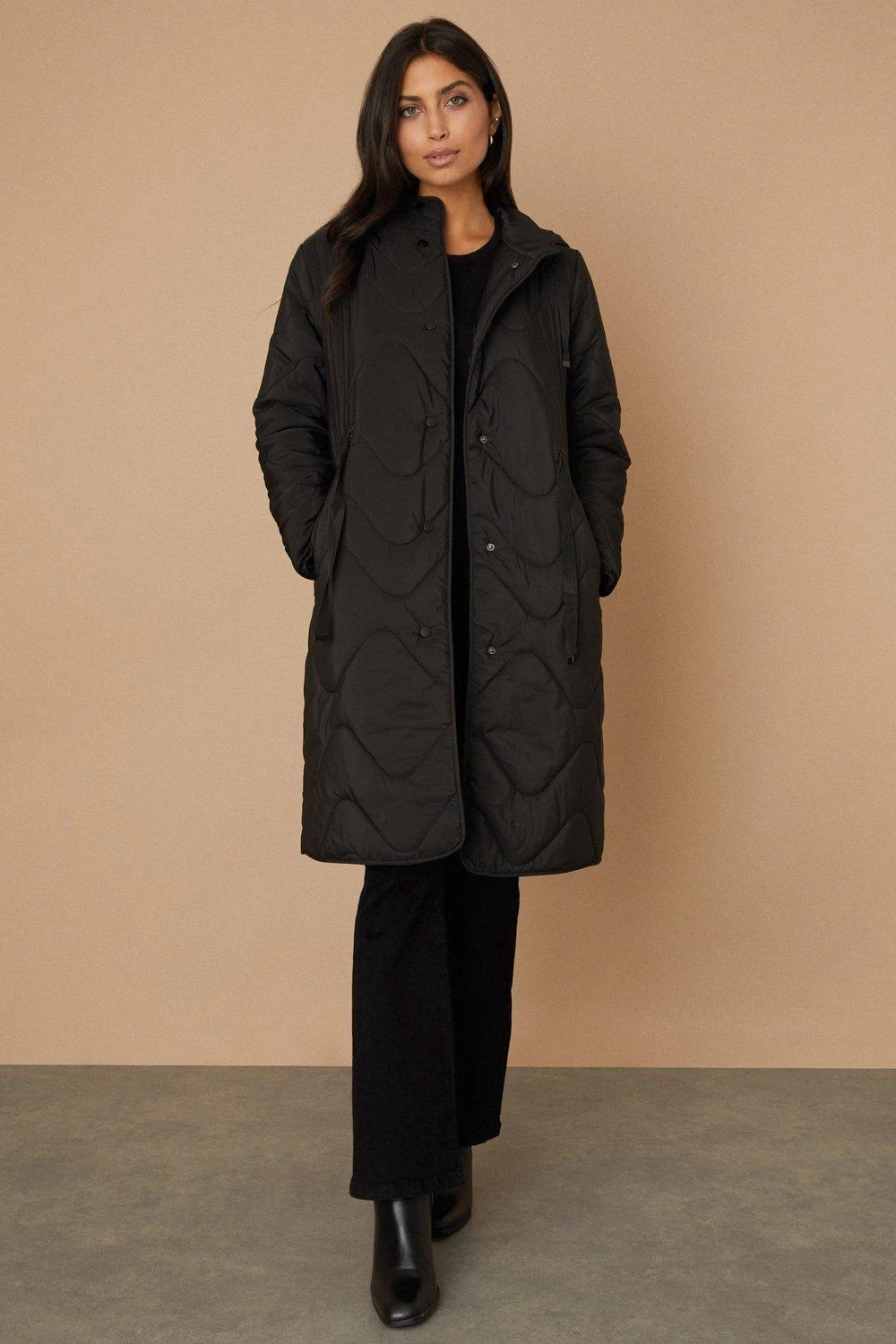 Wallis Black Drawcord Waist Hooded Quilted Coat