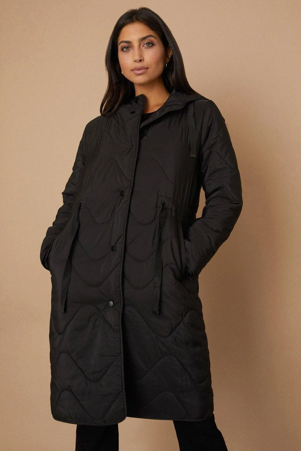 Wallis Black Drawcord Waist Hooded Quilted Coat - Image 2