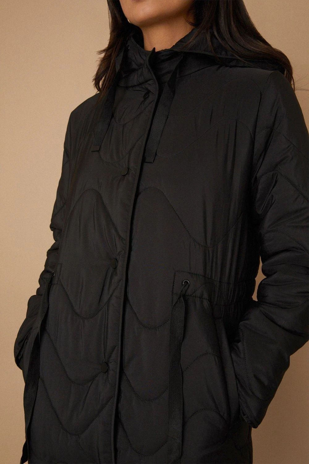 Wallis Black Drawcord Waist Hooded Quilted Coat - Image 4