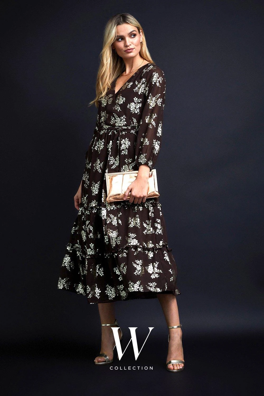 Wallis Floral Foil Print Tiered Midi Dress