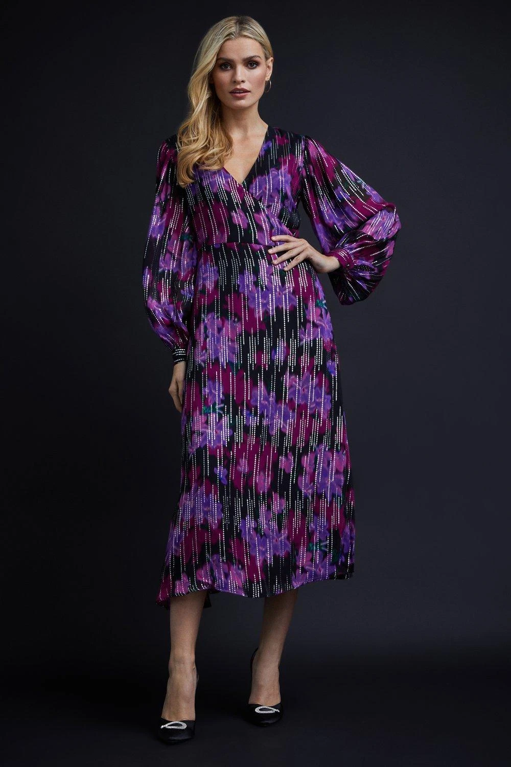 Wallis Petite Floral Metallic Stripe Wrap Dress