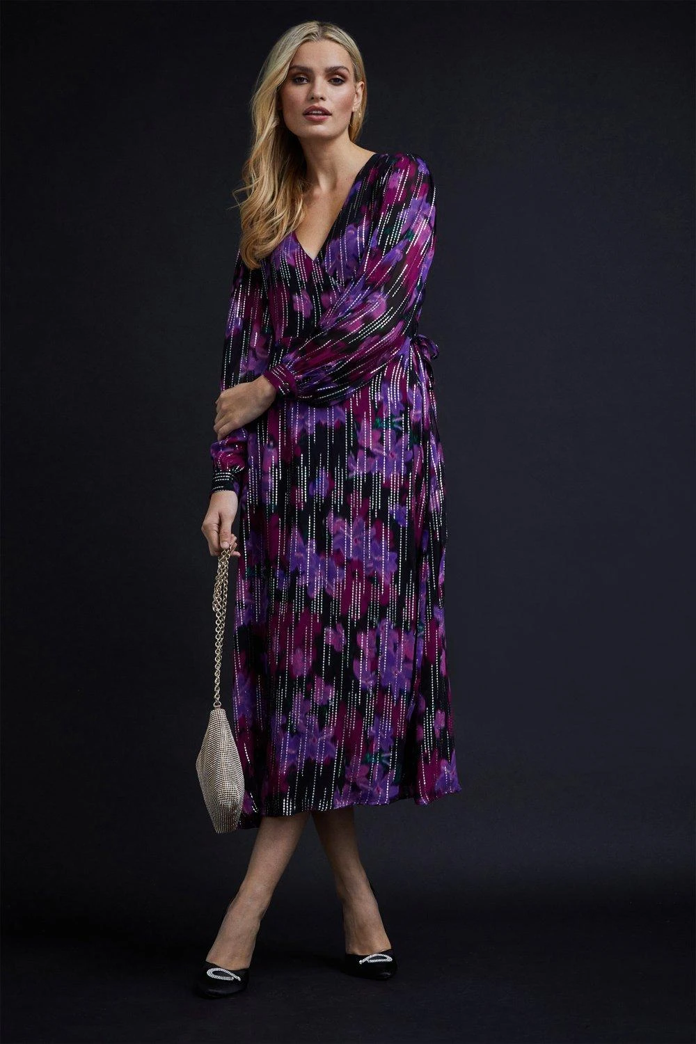 Wallis Petite Floral Metallic Stripe Wrap Dress - Image 2