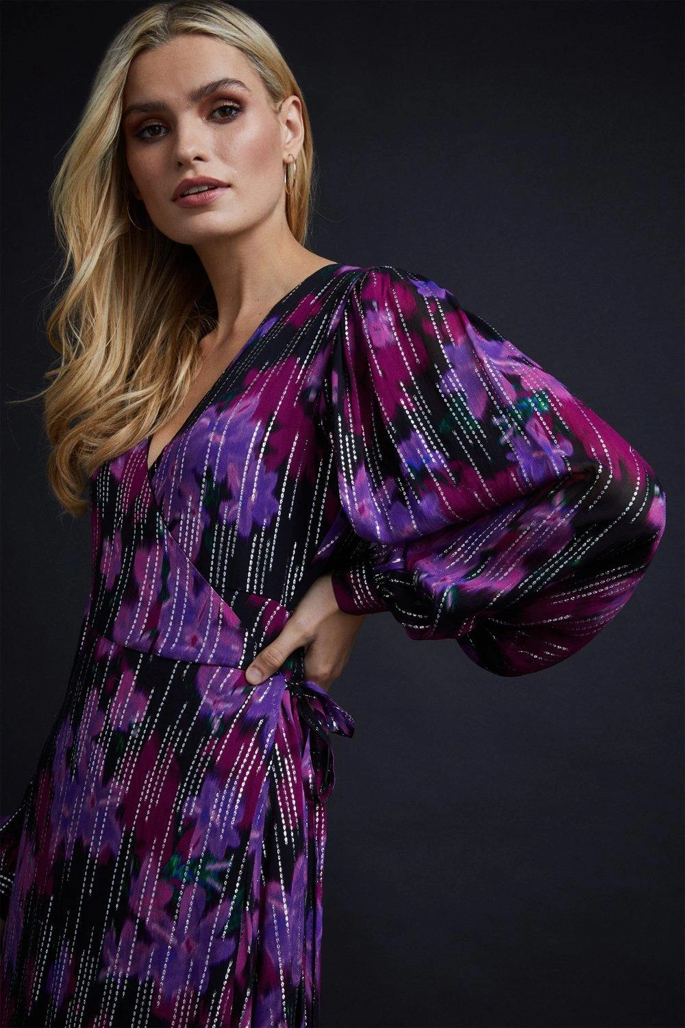 Wallis Petite Floral Metallic Stripe Wrap Dress - Image 4