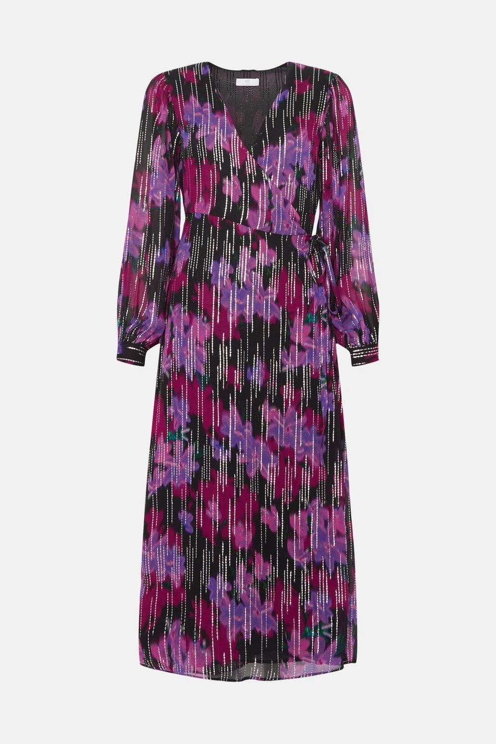 Wallis Petite Floral Metallic Stripe Wrap Dress - Image 5