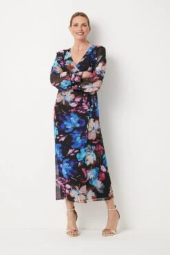 Wallis Multi Large Floral Ruffle Front Wrap Midi Dress
