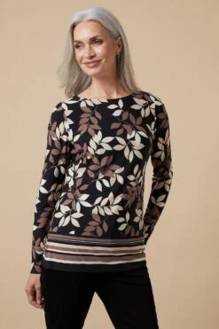Wallis Black Stencil Leaf Border Print Jersey Top
