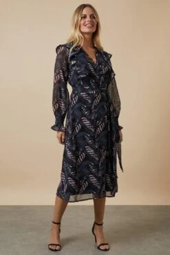 Wallis Petite Black Leaf Wrap Belted Midi Dress