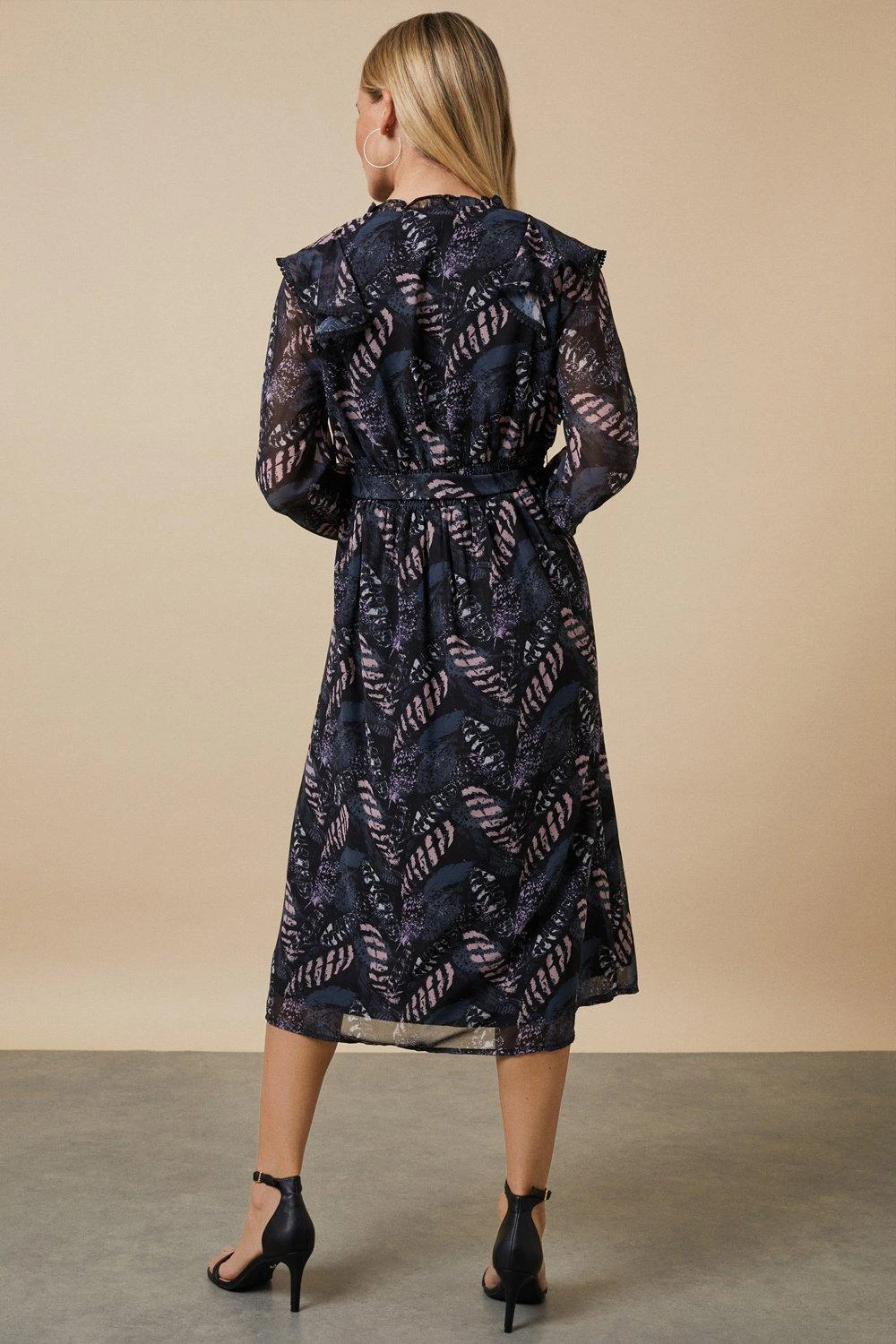 Wallis Petite Black Leaf Wrap Belted Midi Dress - Image 3