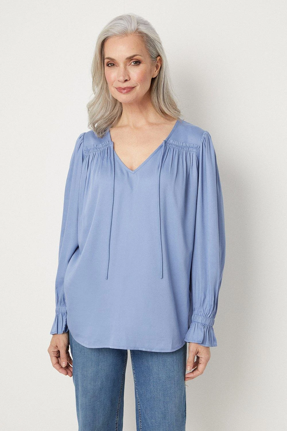 Wallis Blue Plain Tie Neck Blouse