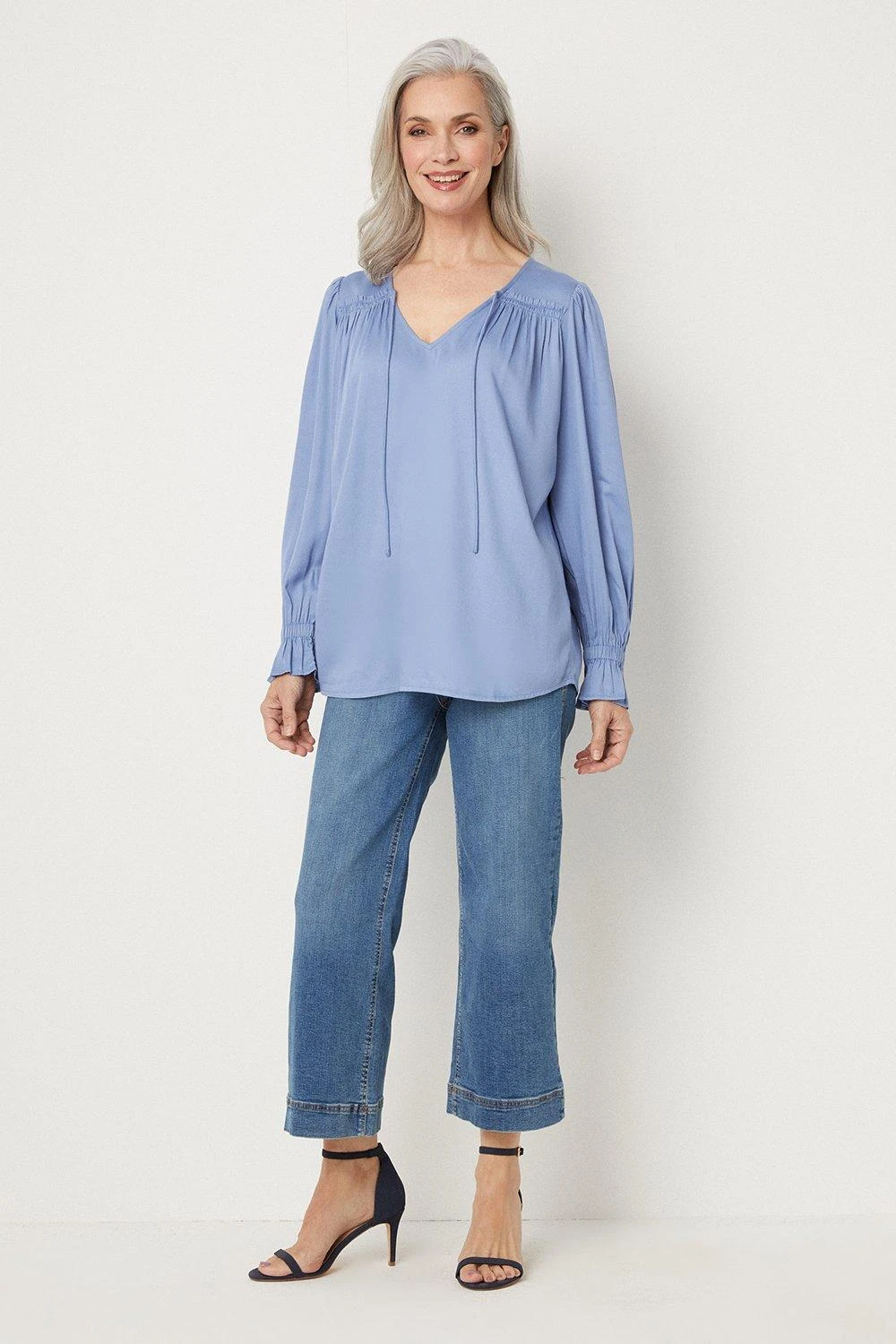 Wallis Blue Plain Tie Neck Blouse - Image 2