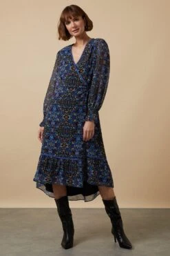 Wallis Navy Abstract Wrap Dress