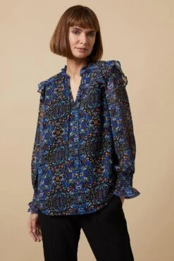 Wallis Navy Abstract Flute Sleeve Top