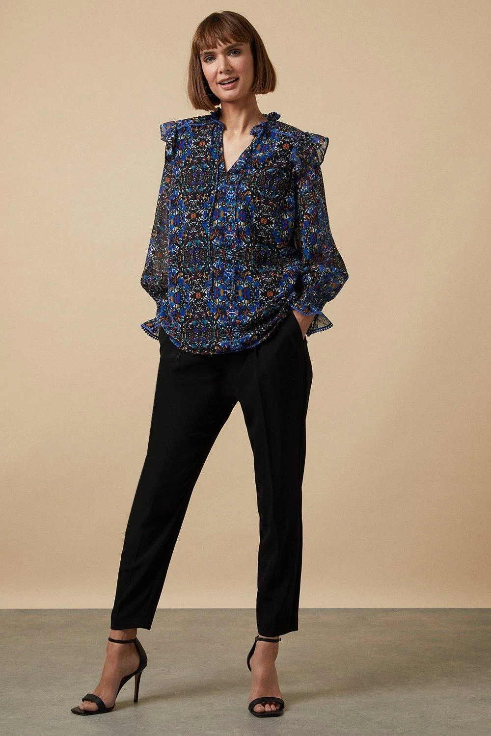 Wallis Navy Abstract Flute Sleeve Top - Image 2