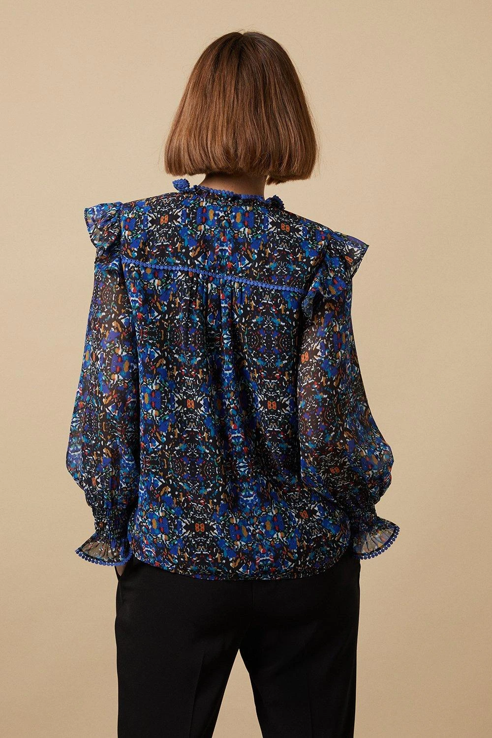 Wallis Navy Abstract Flute Sleeve Top - Image 3