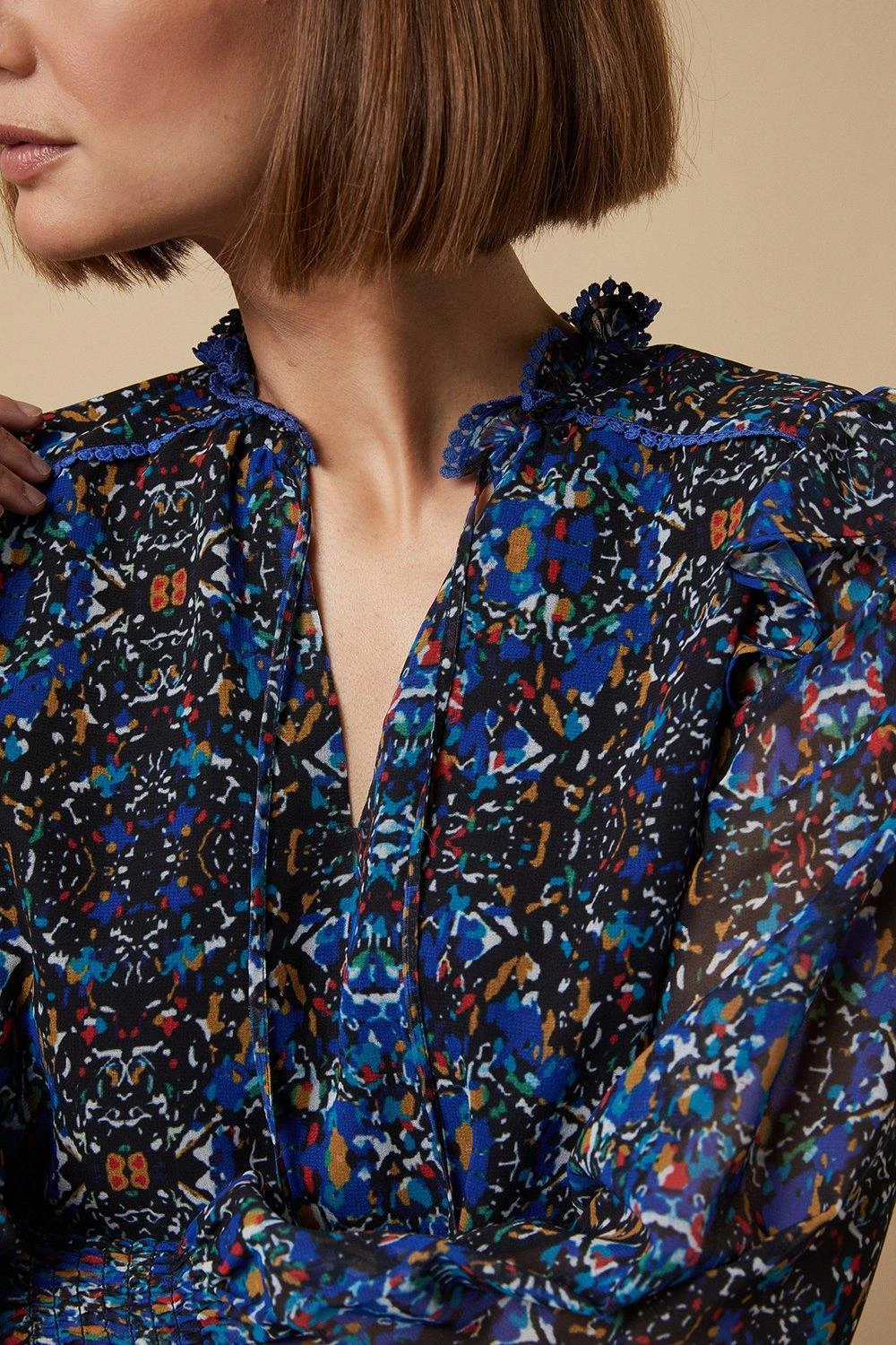 Wallis Navy Abstract Flute Sleeve Top - Image 4