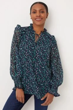 Wallis Green And Navy Abstract Tie Neck Top