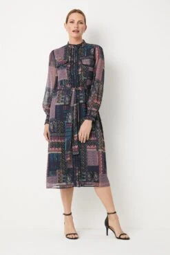 Wallis Navy Patchwork Print Belted Midi Dress