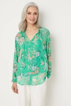 Wallis Green Botanical Tie Neck Blouse