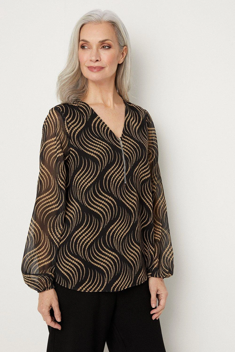 Wallis Black Abstract Spot Zip Pocket Detail Top