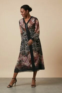 Wallis Blush Zip Front Floral Border Midi Dress