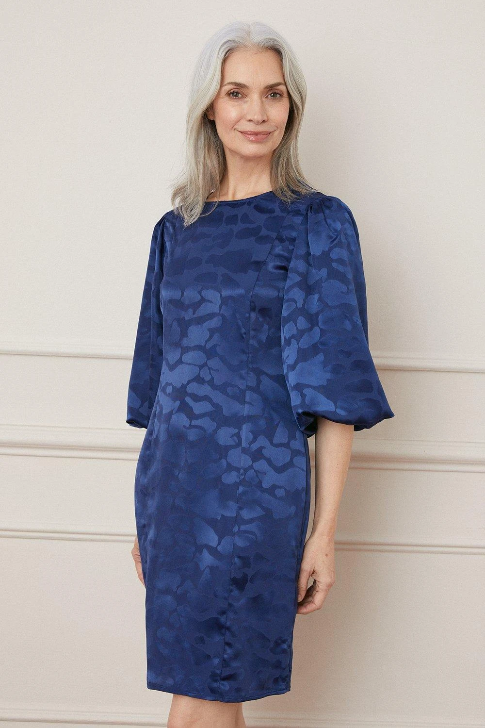 Wallis Satin Viscose Jacquard Balloon Sleeve Shift Dress - Image 2