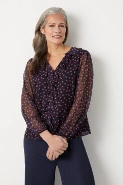 Wallis Navy Spot Ruffle Top