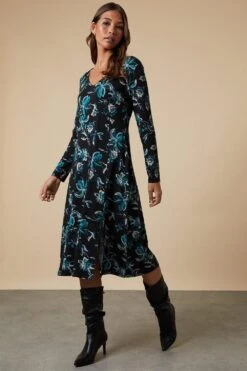 Wallis Teal Floral Jersey Midi Dress