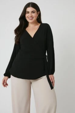 Wallis Curve Black Jersey Wrap Top