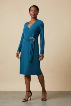 Wallis Teal Buckle Jersey Wrap Midi Dress