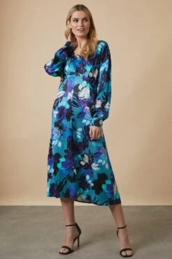 Wallis Viscose Satin Printed Balloon Sleeve Midi Dress