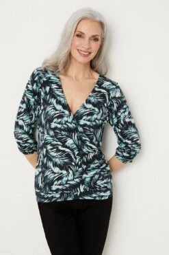Wallis Palm Print Jersey Wrap Top