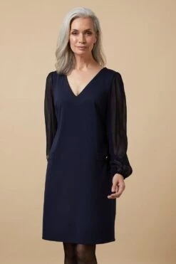 Wallis Navy Ponte Shift Dress With Sheer Sleeves