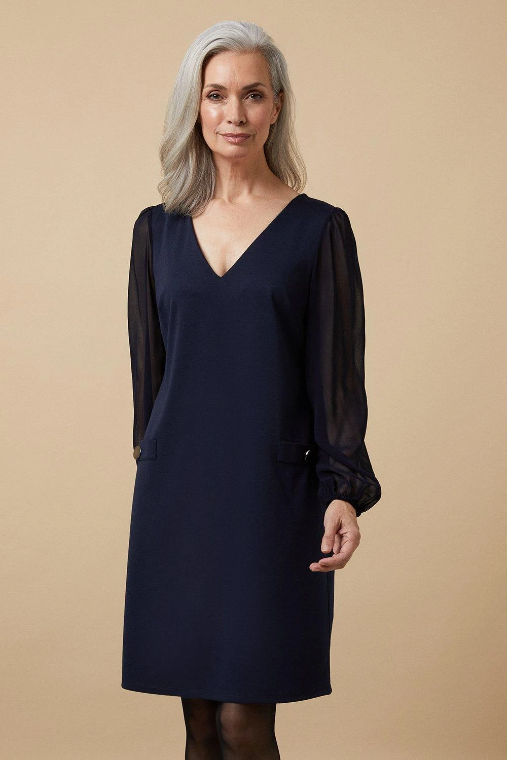 Wallis Navy Ponte Shift Dress With Sheer Sleeves