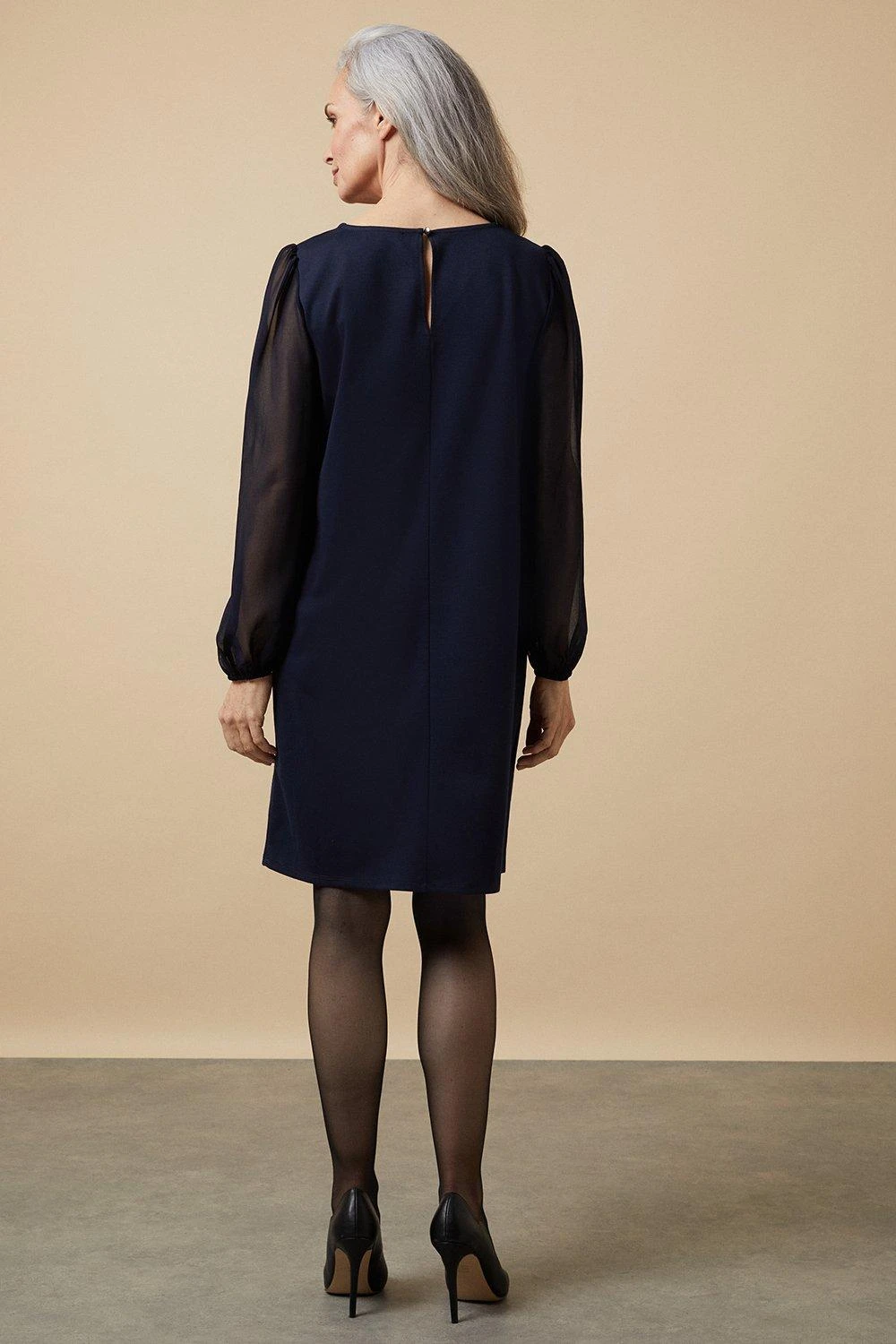 Wallis Navy Ponte Shift Dress With Sheer Sleeves - Image 3