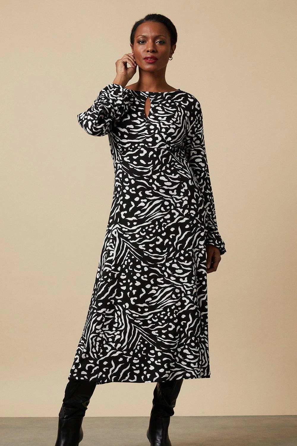 Wallis Tall Mono Animal Jersey Keyhole Midi Dress