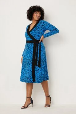 Wallis Curve Blue Animal Jersey Wrap Belted Midi Dress