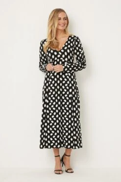 Wallis Petite Mono Polka Dot Split Hem Jersey Midi Dress