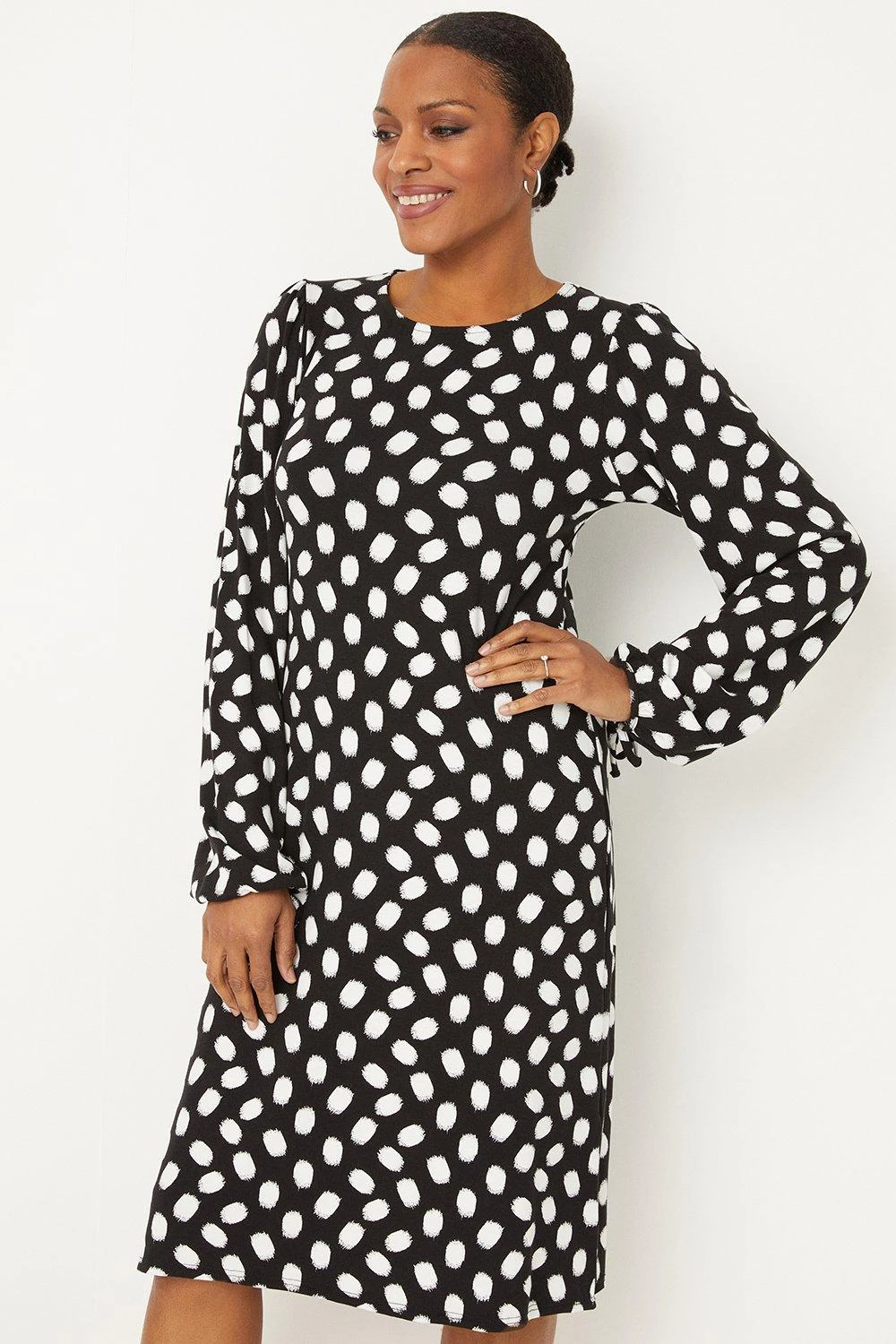Wallis Tall Mono Polka Dot Tie Cuff Jersey Shift Dress - Image 2