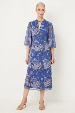 Wallis Blue Floral Twist Neck Midi Dress