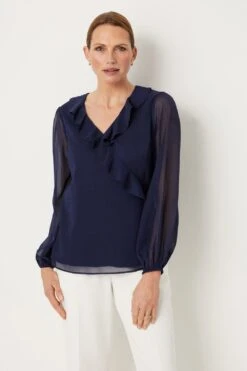 Wallis Navy Ruffle Wrap Top