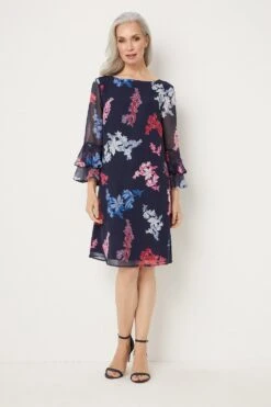 Wallis Navy And Pink Floral Fluted Shift Dress