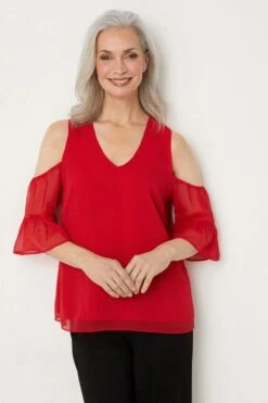 Wallis Red Cold Shoulder Flute Sleeve Top