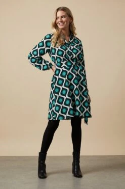 Wallis Petite Green Geo Belted Mini Shirt Dress