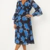 Wallis Navy Stencil Floral Ruffle Flute Sleeve Midi Dress