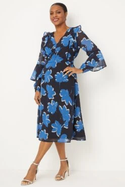 Wallis Navy Stencil Floral Ruffle Flute Sleeve Midi Dress