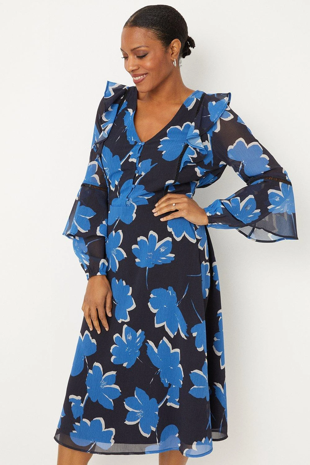 Wallis Navy Stencil Floral Ruffle Flute Sleeve Midi Dress - Image 2