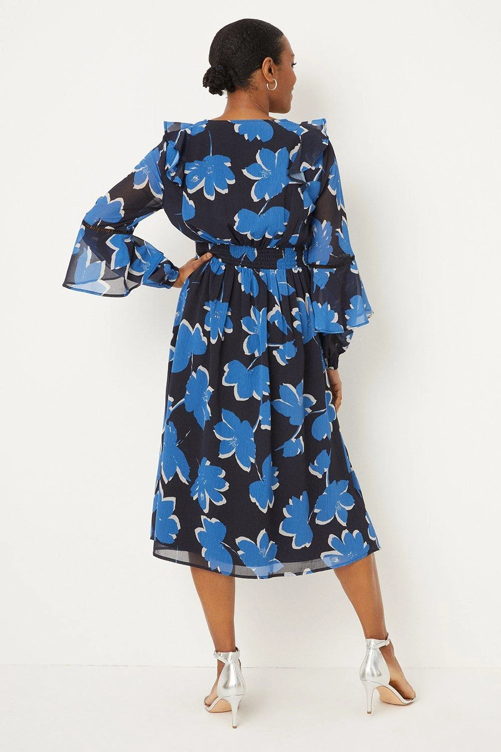 Wallis Navy Stencil Floral Ruffle Flute Sleeve Midi Dress - Image 3