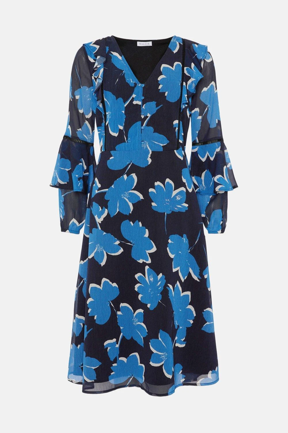Wallis Navy Stencil Floral Ruffle Flute Sleeve Midi Dress - Image 5