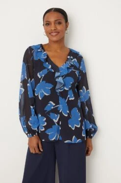 Wallis Navy Stencil Floral Ruffle Front Top